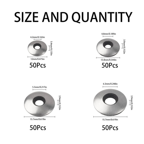 Rrina 200pc stainless steel sealing washer set with neoprene/EPDM bonded gaskets for 8–14 screws; four sizes (50pcs each)
