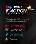 Motor oil graphic showing triple action formula with Performance, Protection, Cleanliness, Power on dark background.