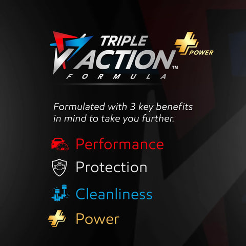 Motor oil graphic showing triple action formula with Performance, Protection, Cleanliness, Power on dark background.