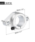 SHF30 Aluminum Linear Rod Rail Shaft Support with mounting dimensions for 30mm shafts, shown in side view.