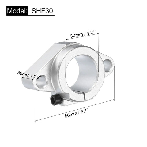 SHF30 Aluminum Linear Rod Rail Shaft Support with mounting dimensions for 30mm shafts, shown in side view.