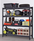 Industrial Grade Heavy Duty Steel Wireless Shelving Rack 77 X 24 X 72 Inches Black Commercial Storage Rack For Garage Workshop with tools and storage.