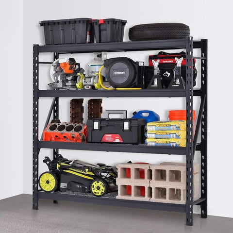 Industrial Grade Heavy Duty Steel Wireless Shelving Rack 77 X 24 X 72 Inches Black Commercial Storage Rack For Garage Workshop with tools and storage.