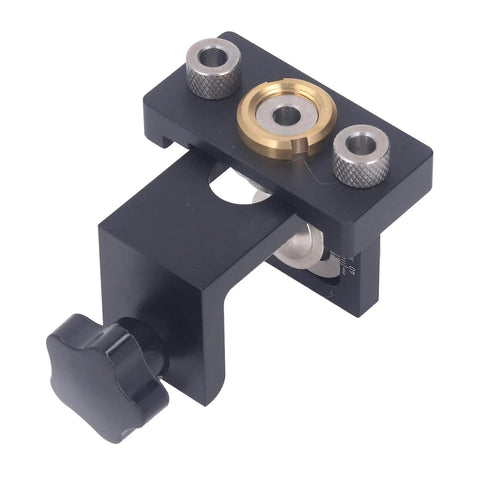 Black aluminum dowel jig drill guide kit with 8mm, 10mm, 15mm holes, universal clamp range, and drill guides for precise woodworking joints.