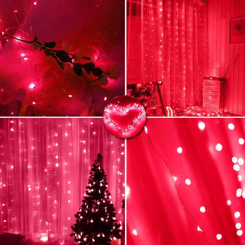 300 LED Curtain String Lights With USB Power And Remote Control, 8 Lighting Modes, Flexible Copper Wire Backdrop in red
