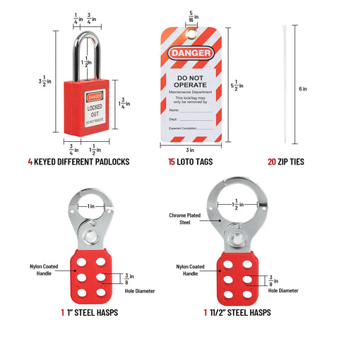 All In One Lockout Tagout Kit With Electrical LOTO Hasps Warning Tags Numbered Safety Padlocks Nylon Ties Zip Ties And Heavy Duty Storage Bag details