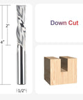 Image showcasing Two Piece Down Cut Spiral Router Bit Set Pro Grade With 1/2 Inch Shank And 1/2 Inch Cutting Diameter, Extra Long 4 Inch Overall Length, 2 Inch Cutting Length, Carbide CNC Bits For Woodworking, Smooth Grooves, Mortises, Dados And Slots.