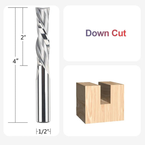 Image showcasing Two Piece Down Cut Spiral Router Bit Set Pro Grade With 1/2 Inch Shank And 1/2 Inch Cutting Diameter, Extra Long 4 Inch Overall Length, 2 Inch Cutting Length, Carbide CNC Bits For Woodworking, Smooth Grooves, Mortises, Dados And Slots.
