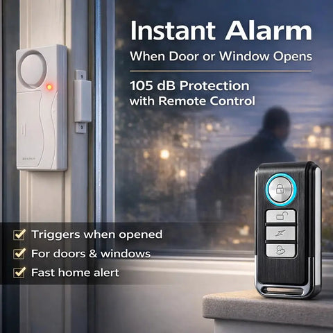 Wireless Remote Door And Window Alarm With Magnetic Sensor, Easy To Install Security System, key fob on windowsill, door alarm on frame