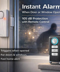 Door Alarm System With Remote, Wireless Door Bell Chimes, Magnetic Security Sensor for doors shown with remote control.