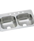 Drop In Stainless Steel Double Bowl Kitchen Sink With Four Holes, 33 Inch By 22 Inch By Eight And One Sixteenth Inch, Equal Size Basins