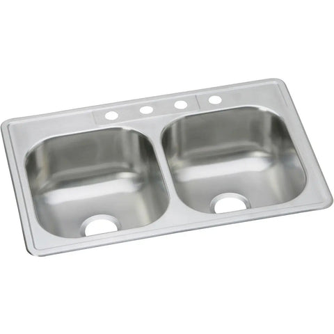 Drop In Stainless Steel Double Bowl Kitchen Sink With Four Holes, 33 Inch By 22 Inch By Eight And One Sixteenth Inch, Equal Size Basins