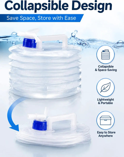Foldable Water Container With Spigot And Gloves 3L for Camping and Travel, showing collapsible design and spigot