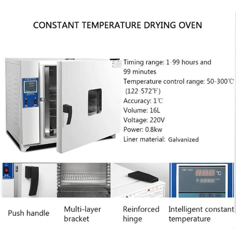 Heavy Duty 16L Digital Lab Drying Oven With Intelligent PID Temp Controller And Hot Air Circulation For Precision Heating Up To 300°C side view with open door and control panel.