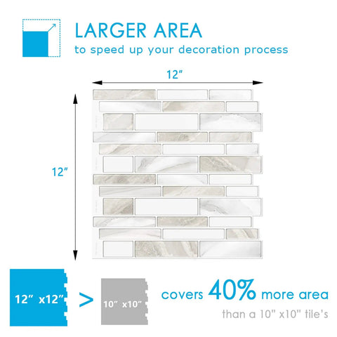DIY Friendly Peel And Stick Kitchen Backsplash Tiles 12x12 Premium 3D Wall Tiles showing size and 40% more coverage.
