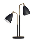 Transitional Table Lamp In Two Tone Black And Antique Brass With Adjustable Matte Black Cone Shades And Angled Arms Chelsea Collection Modern Mid Century Vibe For Living Room Or Desk.