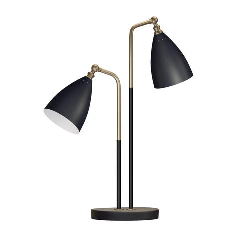Transitional Table Lamp In Two Tone Black And Antique Brass With Adjustable Matte Black Cone Shades And Angled Arms Chelsea Collection Modern Mid Century Vibe For Living Room Or Desk.