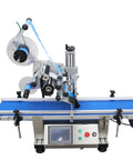 Automatic Flat Labeling Machine With Conveyor Belt For Plates And Shop Merch Smart Sensor Desktop Label Applicator 110V Heavy Duty machine with blue conveyor.