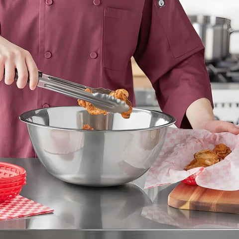 Chef using Pro Grade 8 Quart Mixing Bowls Set Of 2 Thirteen And A Quarter Inch By Five Inch Stainless Steel Flat Base Bowls For Home And Commercial Kitchens Industrial Strength Durable Large Capacity Mixing Bowls to prepare food