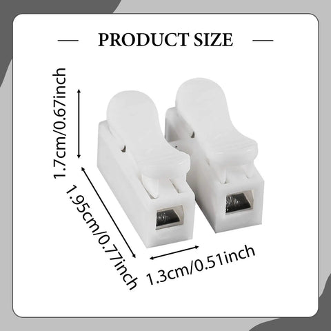 Image of two white 100 Pieces Spring Wire Connector Electrical Cable Clamp Terminal Block Connector, showing product size.