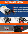 Adjustable DC bench power supply pumping out 0 to 12 volt and 0 to 50 amp with dual digital gauges for easy usage.