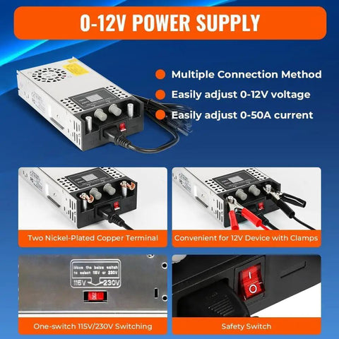 Adjustable DC bench power supply pumping out 0 to 12 volt and 0 to 50 amp with dual digital gauges for easy usage.
