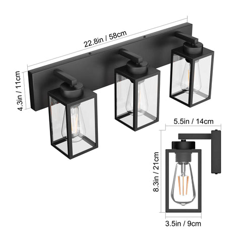 Black Vanity Light For Bathroom Industrial Farmhouse Wall Mount Fixture With Dimmable E26 Socket, dimensions shown