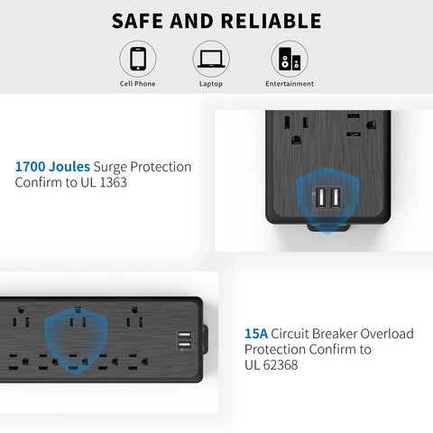 Close-up of 15ft Flat Plug Power Strip Surge Protector With 6 Outlets And 2 USB Ports, 1080 Joules, Wall Mount Charging Station