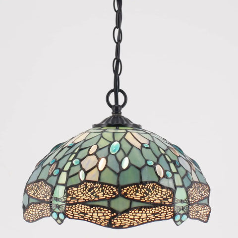 Tiffany Style Sea Blue Stained Glass Dragonfly Pendant Light Plug In 12 Inch Hanging Lamp With 32 Inch Chain And 15 Foot Cord UL Listed LED Ready