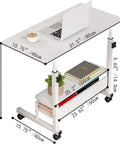 Height Adjustable Mobile Computer Desk With Wheels For Small Spaces And Corner Setup Laptop Table 31.5 Inch Desktop White Portable Home Office Study Desk With Storage And Convenient Gaming And Writing Space showing measurements and storage shelves.