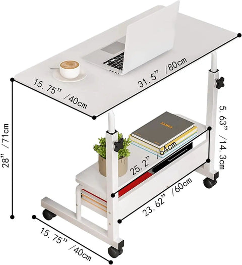 Height Adjustable Mobile Computer Desk With Wheels For Small Spaces And Corner Setup Laptop Table 31.5 Inch Desktop White Portable Home Office Study Desk With Storage And Convenient Gaming And Writing Space showing measurements and storage shelves.