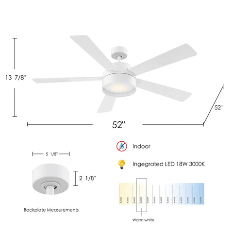 Whitehaven 52 Inch Ceiling Fan With Remote Control 5 Blade Dimmable LED Light Kit 3000K Warm White White Finish