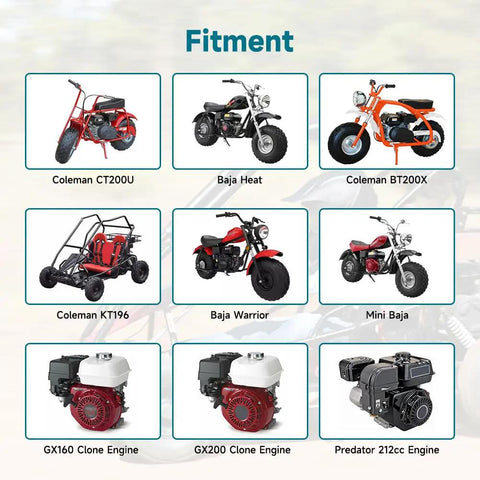 Image showing fitment options for go-karts and mini bikes compatible with Performance VM22 26mm Carburetor and Predator 212cc engine.