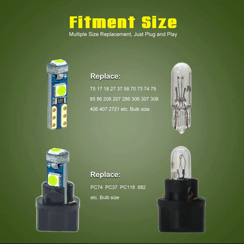 12V Ice Blue LED Bulbs For Instrument Cluster Dash Gauges Replacement T5 T10 Wedge Type 1W 3030 SMD size comparison