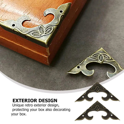 Triangular Carved Box Corner Protectors Set, Metal Safety Guards For Wooden Jewelry Boxes, Old School Retro Design