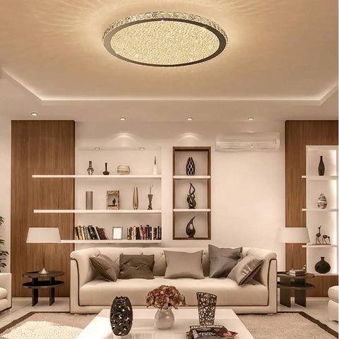 Crystal Round LED Flush Mount Ceiling Light Dope Modern Glow Warm White Close To Ceiling Chandelier Fixture 19.5 Inch in living room