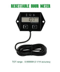 Digital Inductive Tach Hour Meter With RPM Gauge for outdoor equipment, displayed with resettable hour meter and cord coiled.