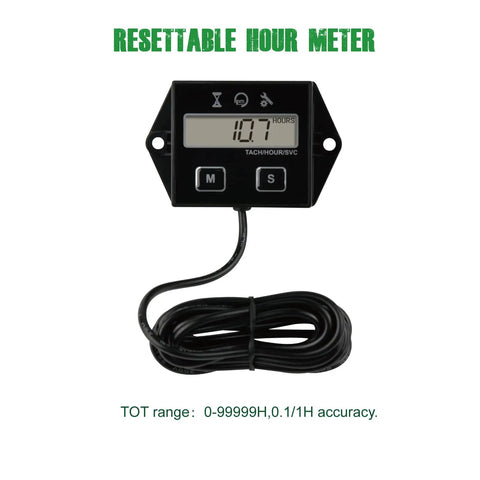 Digital Inductive Tach Hour Meter With RPM Gauge for outdoor equipment, displayed with resettable hour meter and cord coiled.