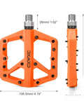 Ultra Lightweight Mountain Bike Pedals With Grippy Traction For Trail And BMX Rides Platform Pedals Nine Sixteenth Inch Axle Nylon Fiber Build Durable And Lightweight Orange, side view and measurements