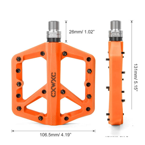 Ultra Lightweight Mountain Bike Pedals With Grippy Traction For Trail And BMX Rides Platform Pedals Nine Sixteenth Inch Axle Nylon Fiber Build Durable And Lightweight Orange, side view and measurements