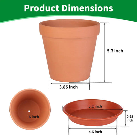 Six Pack 6 Inch Terracotta Pots With Saucers For Indoor Outdoor Plants Drainage Hole Mesh Liners Included Great For Crafts And Wedding Favors product dimensions illustration