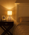 Gold Table Lamps Set Of 2 Dope End Table Lamps With White Fabric Shades on nightstand in cozy bedroom, geometric metal base.