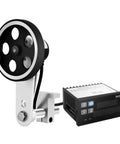 Rugged Digital Length Counter With Smooth Rolling Encoder And Single Measuring Wheel Offering Dual Relay Outputs Tracks Feet Inches Meters Yards Up To Nine Digits Straight Shooting Accuracy Zero Hassle For Pro Shop Floors view of measuring wheel and digital display.
