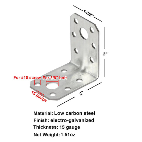 No Fuss Repairs Guaranteed With This Fifty Pack Two Inch Steel L Angle Brackets Featuring Blue Galvanized Coating Pre Drilled Holes And Included Screws Built For Beefing Up Furniture And Shop Fixes, showing a 15 gauge low carbon steel corner brace.