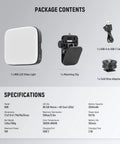 Image showing package contents of Entry Level Magnetic LED Camera Light with 96 LED Bi Color Panel and accessories.