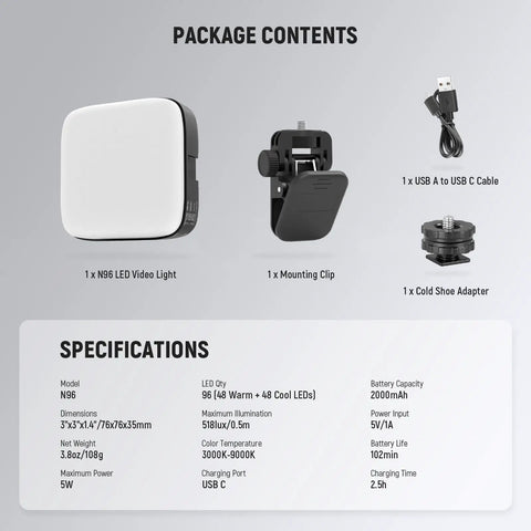 Image showing package contents of Entry Level Magnetic LED Camera Light with 96 LED Bi Color Panel and accessories.