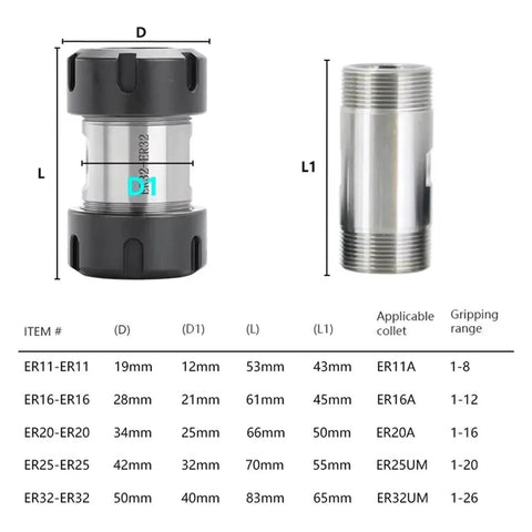 Premium ER Collet Spindle Extension Rod for Lathe and Drill, Double Chuck Motor Shaft Adapter dimensions chart for collet sizes.