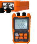Front view of orange handheld optical fiber power meter with LCD display and keypad; includes FC/SC/ST adapters