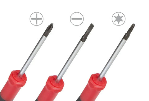 Nine Piece Precision Screwdriver Set With Magnetic Tips And Swivel End Cap, showing Phillips, flat, and Torx screwdrivers, chrome vanadium steel.