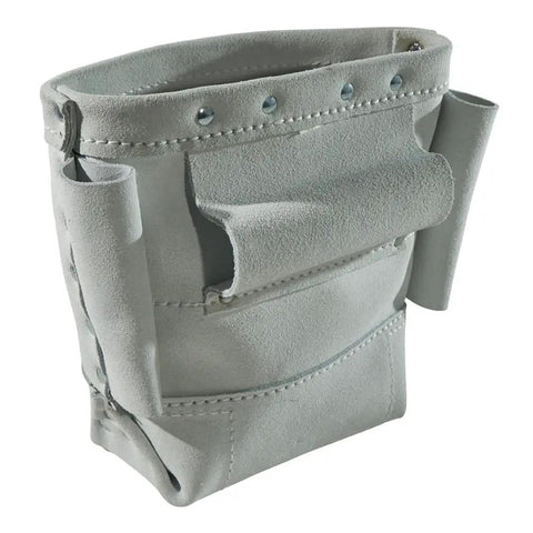 Heavy Duty Leather Five By Ten By Nine Inch Bull Pin And Bolt Bag With Tunnel Loop, reinforced bottom and side view details.